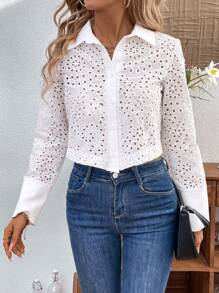 SHEIN LUNE Ladies' Solid Color Simple Long Sleeve Daily Blouse