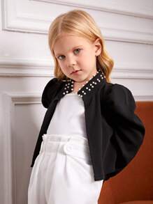 SHEIN Young Girls Elegant Stand Collar Jacket With Beaded Decoration And Leg-Of-Mutton Sleeve, Spring & Autumn - Black - View 3