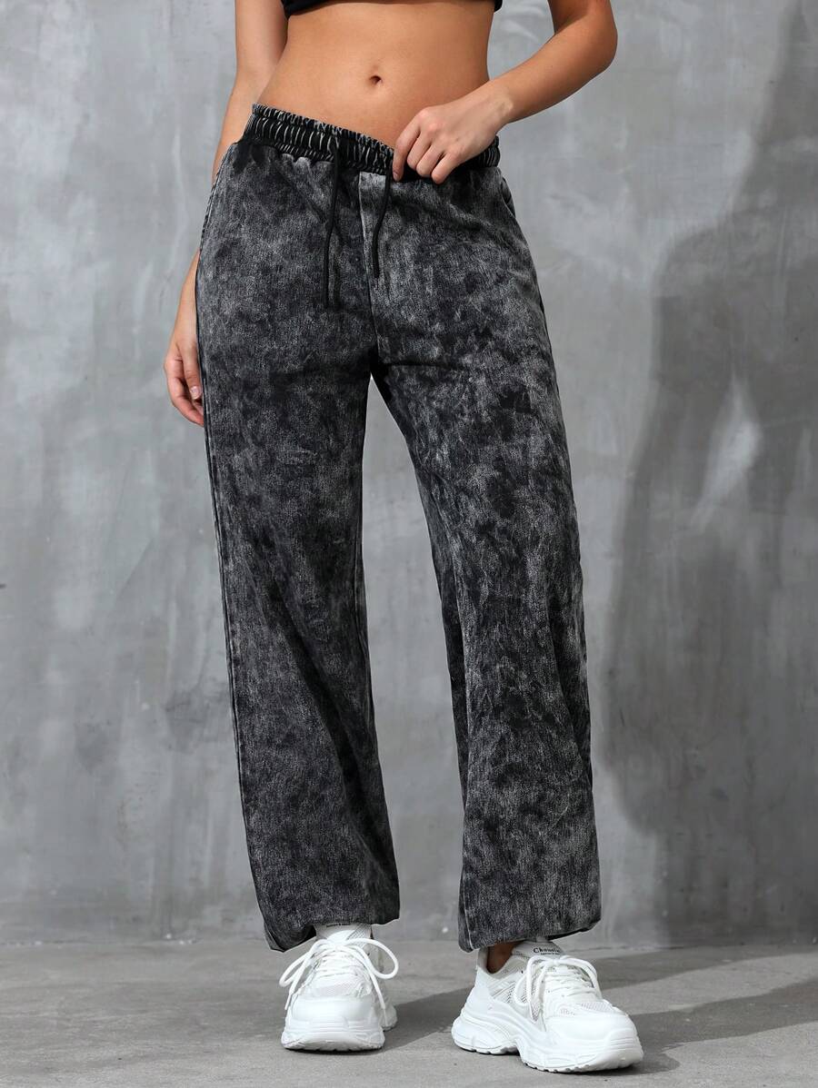 SHEIN EZwear Tie Dye Drawstring Waist Straight Leg Jeans - Dark Grey - View 1