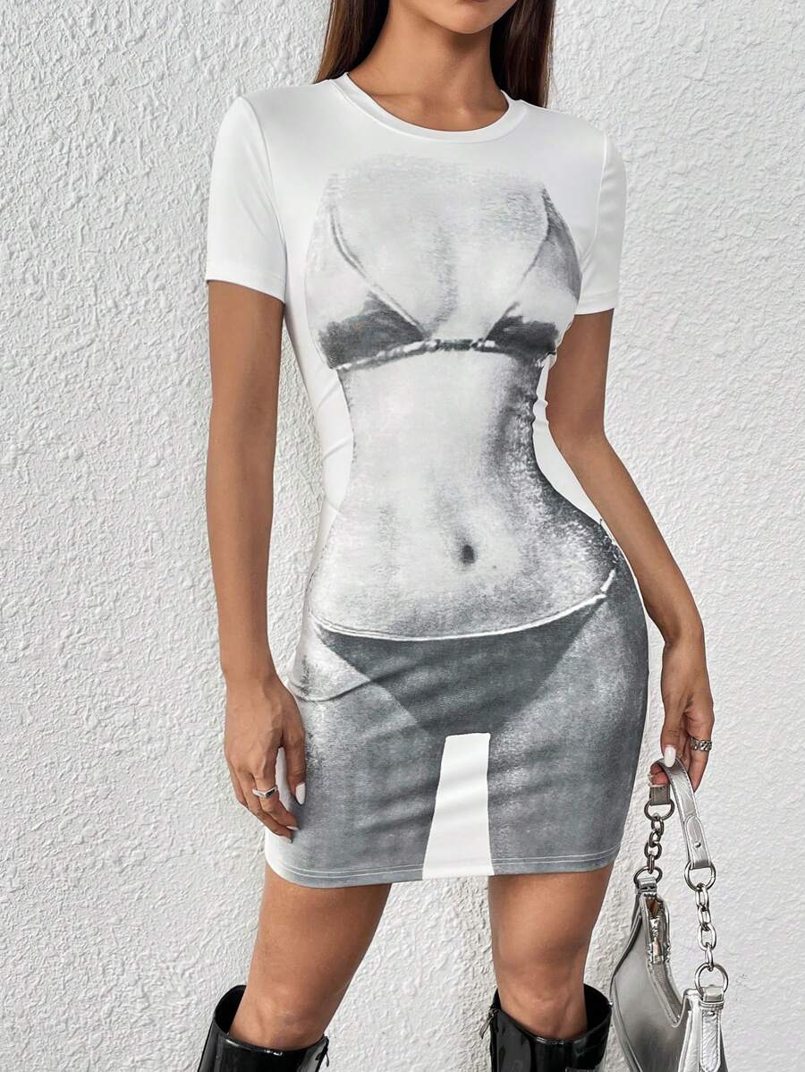 SHEIN Unity Women's Summer Short Sleeve Portrait Pattern Bodycon Dress With Round Neck - White - View 1