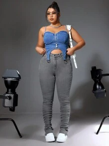 SHEIN ICON Celana Jeans Wanita Ukuran Besar Model Slim Fit Berkerut dengan Kantong, Kasual, Warna Abu-abu - Light Grey - View 3