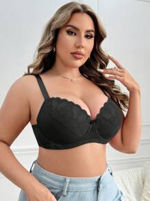 Romantic French Style Lace Comfortable Simple And Elegant Plus Size Bra With Underwire, 1pc Lingerie