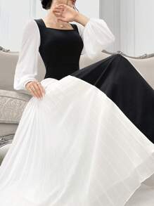 Modelyn Women's Solid Color Splicing Square Neck Long Sleeve Arabian Dress - Black and White - View 2