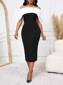 SHEIN Lady Vestido entallado con escote descubierto de hombros, con cadena de perlas decorativa en contraste blanco y negro para mujeres - Blanco y Negro - Ver 5