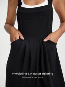 GLOWMODE 23" Waffle-Knit Soft Adjustable Straps Multi Pockets V-Shaped Waistline Cozy Jogger Overalls Daily Casual - Black - View 5