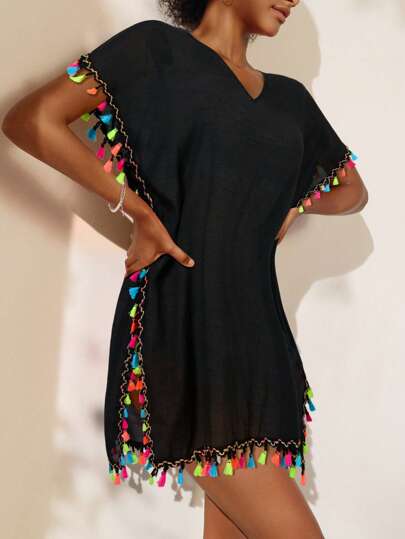 Swim Vcay Women's Vacation V-Neck Loose Straight Cover Up Dress With Colorful Pom-Poms Trim Summer
