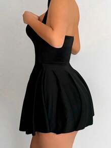 VaVaBold Women's Short Casual Halter Neck Solid Color Summer Dress - Black - View 3