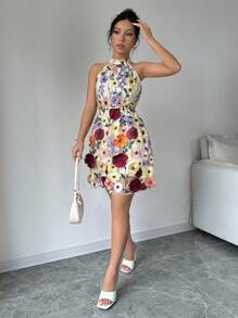 Chiquease Women's 3D Floral Summer Halter Neck Sleeveless Flower Dress - Apricot - View 4