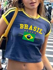 SHEIN EZwear Camiseta casual de mujer con cuello redondo, manga corta ajustada, estampado de bandera de Brasil y letras en inglés, 95% algodón, adecuada para verano y deportes