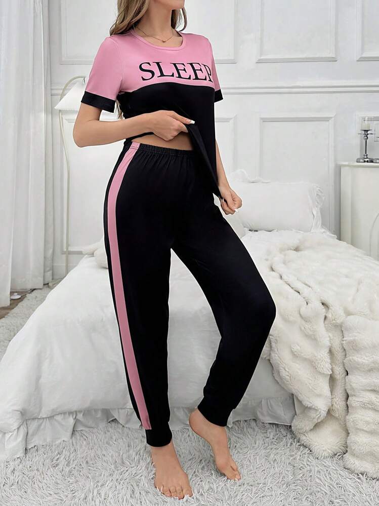 Lazeform 女士拼色短袖上衣和长裤休闲字母印花睡衣套装 - 彩色 - 查看 5