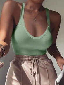 INAWLY Ladies' Spaghetti Strap Backless Solid Color Sexy Bodysuit - Green - View 4