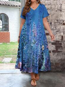 EMERY ROSE Vestido retro de verano para mujer de talla grande con estilo casual y ajuste de corte ajustado - Azul - Ver 1