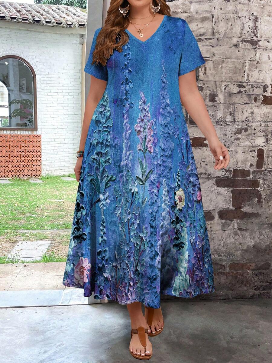 EMERY ROSE Vestido retro de verano para mujer de talla grande con estilo casual y ajuste de corte ajustado - Azul - Ver 1