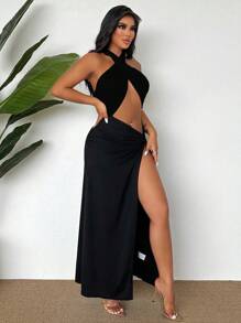 BamGleam Vestido largo con escote halter con abertura en la espalda, abertura en el muslo y detalle de torsión en el frente para mujer - Negro - Ver 6