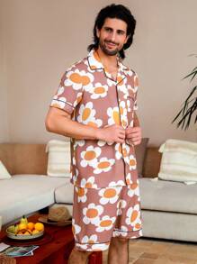Men's Floral Printed Front Button Short Sleeve Top And Shorts Homewear Set