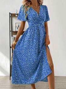 SHEIN Clasi 印花V領露肩高衩搖摆裙 - 寶藍色 - 查看 4