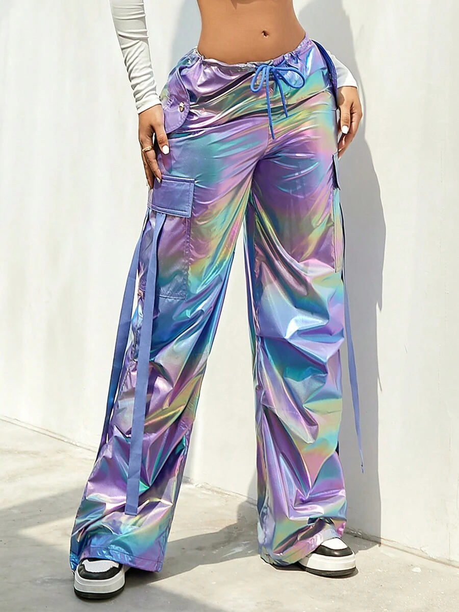 女士炫彩抽绳腰带翻盖口袋缎面细节阔腿降落伞工装裤