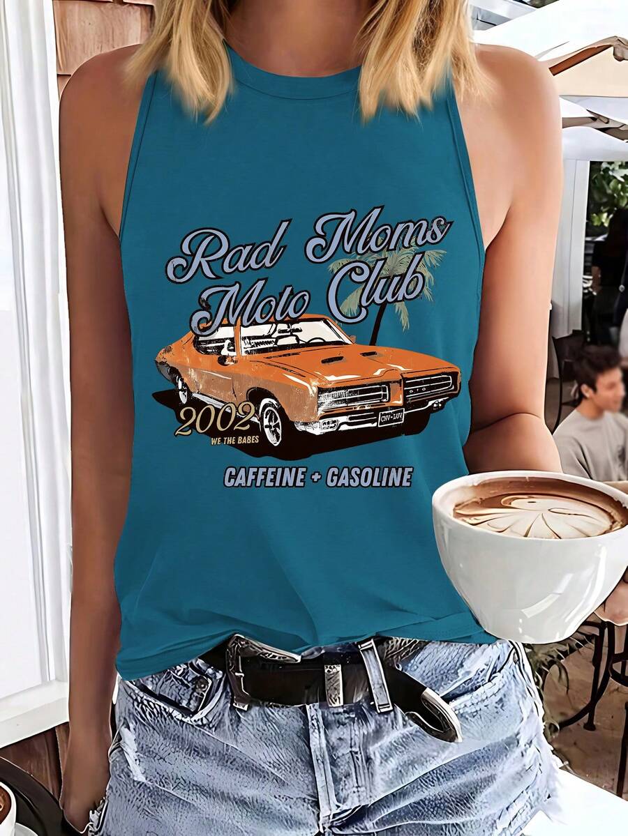 SHEIN LUNE 夏季街頭時尚酷炫賽車和標語印花女款圓領背心 - 水鴨藍 - 查看 1