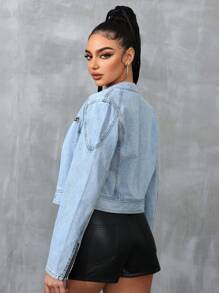 Women's Long Sleeve Button-Up Denim Jacket With Zipper And Pockets - Blue - View 3