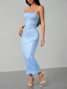 SHEIN PETITE 粉色碎花拼接抹胸紧身连衣裙，适合夏季外出 - 淺藍色 - 查看 7
