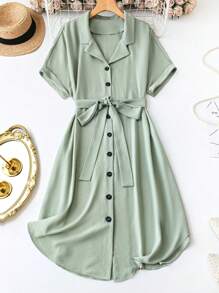 SHEIN Clasi Cộng với váy sơ mi thắt lưng tay cánh dơi - Màu xanh Bạc hà - Xem 6
