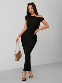 SHEIN PETITE Women's Solid Black Asymmetrical Shoulder Neck Gathered Long Bodycon Dress - Black - View 1