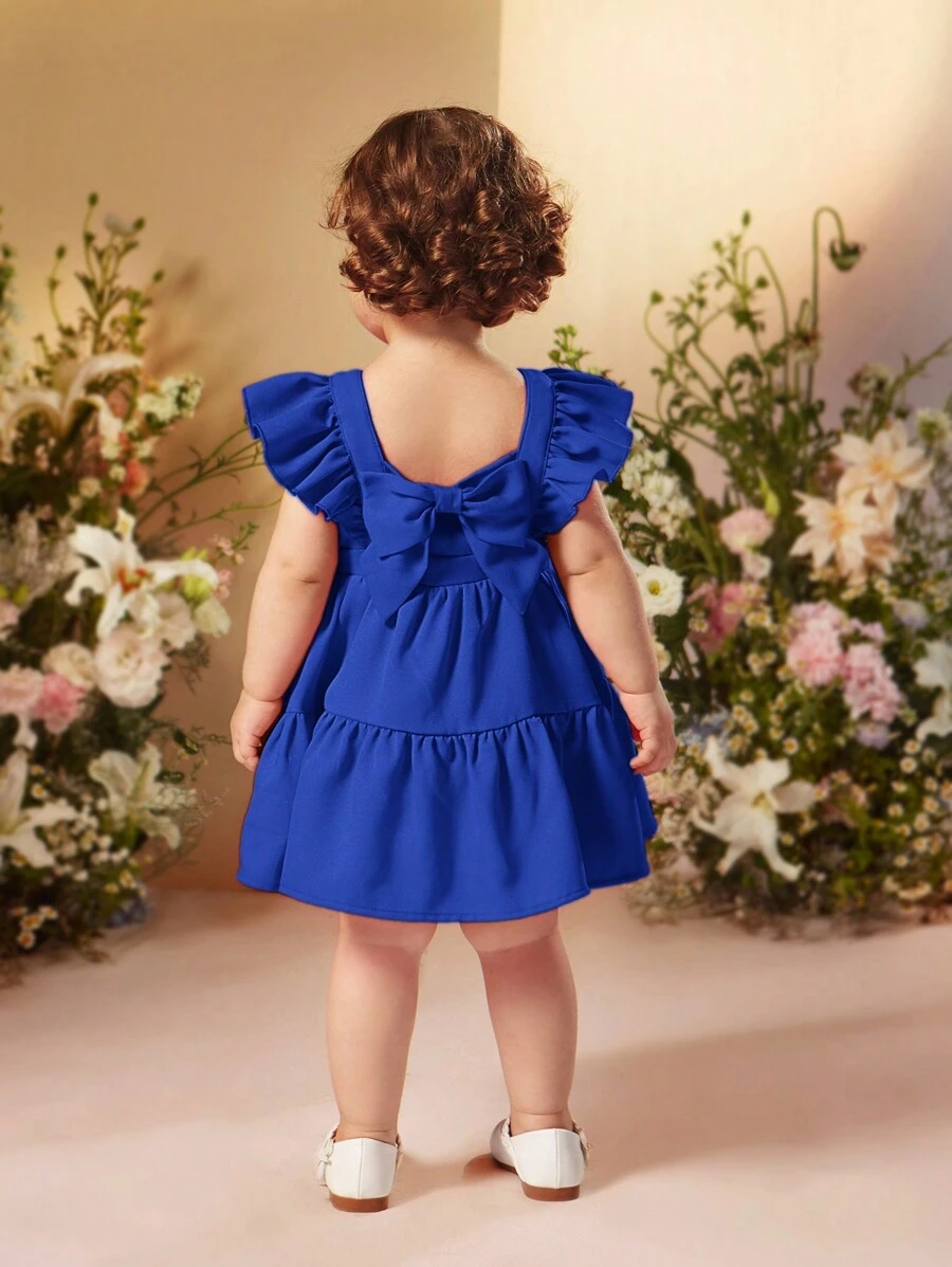 Travachic KIDS 嬰兒女夏季簡約純色荷葉邊無袖連衣裙，可拆卸蝴蝶結