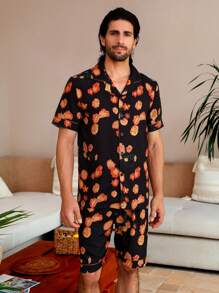 Manfinity ChillVibe Men's Floral Print Button-Front Short Sleeve Top And Shorts Homewear Set - Multicolor - View 5