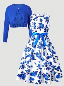 SHEIN 2 件套优雅少女开襟夹克和印花连衣裙套装，适合度假、夏季、旅行 - 藍色 - 查看 8