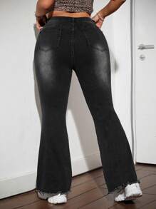 SHEIN ICON Black Plus Size Jeans High Waist Skinny Flared Pants American Retro Hot Girl Outfit Flare Leggings Casual Outfit Stretch Clothing