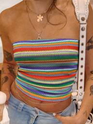 INAWLY Summer Slim Fit Tube Top For Women In Textured Colorful Stripes