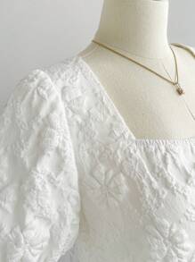 SHEIN Privé 加大码女式撞色蝴蝶结后背衬衫，提花面料后背系带白色衬衫，适合秋季返校 - 白色 - 查看 6