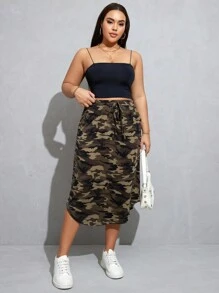 SHEIN Essnce Plus Size Women Camouflage Skirt, Casual Skirt, Straight Skirt, Summer Women Skirtes, Fall Women Skirt, Casual Summer Skirt, Back To School Teacher Earthy Skirt - Army Green - View 6