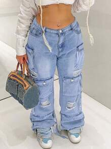 Damskie jeansy casualowe z kieszeniami i rozdarciami w jednolitym kolorze