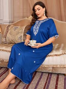 Plus Floral Print Contrast Lace Ruffle Hem Pajama Night Dress, Long Dress - Blue - View 1