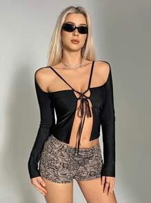 SHEIN Unity Top corto sexy de encaje con mangas largas y cordones para mujeres estilo Y2K