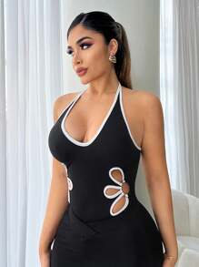 SHEIN SXY 性感優雅的黑白色穿插空心連體褲女款，適用於夏季 - 黑與白 - 查看 4