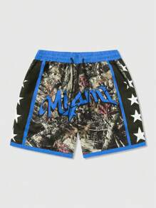 ROMWE MEN Street Life Quần short dệt in hình ngôi sao dành cho nam thích hợp mặc hàng ngày vào mùa xuân và mùa hè, đi học - Màu xanh lam - Xem 1