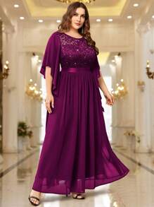 Plus Size優雅的蝴蝶袖雪紡亮片蕾絲胸圍晚會長禮服