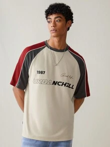 SWAVVY Camiseta de manga corta con bloqueo de color, gráfico de letra, holgada y de punto para hombres, con parches y estampado, adecuada para uso diario, para salir, camiseta de béisbol vintage, para amigos, verano, otoño - Multicolor - Ver 7