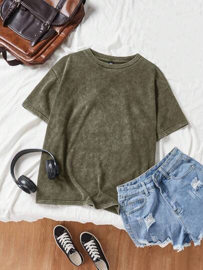 Comfortcana Plus Size Acid Washed Look Vintage Stickad Distressed Loose Fit Kortärmad T-shirt