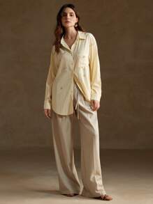 Anewsta Oversized Striped Rhinestone Decorated Loose Shirt For Urban Commute - Yellow - View 5