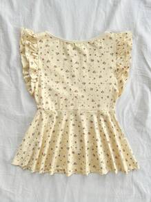 Soleia 女士夏季度假休闲返校聚会可爱午餐休闲打结前 V 领针织小花卉图案纹理面料 T 恤