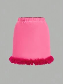 青少年女孩披肩领纯色对比蓬松毛绒袖口夹克 & 裙子 & 白色吊带背心 - 玫紅色 - 查看 6