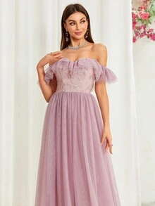 Mgiacy Off-Shoulder Romantic Floral Embroidery Mesh Splice Dress With Ruffled Sleeves - Pink - View 4