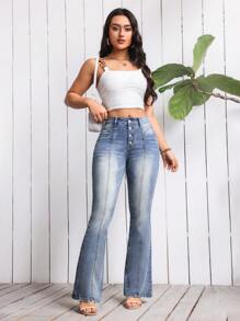 SHEIN LUNE Jeans de pierna acampanada con botones en la bragueta - Lavado ligero - Ver 6