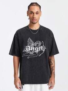 Manfinity VCAY Playera de manga corta con estampado de copos de nieve para hombre con letras en inglés y diseño de ángel pequeño, ajuste holgado, adecuada para el verano