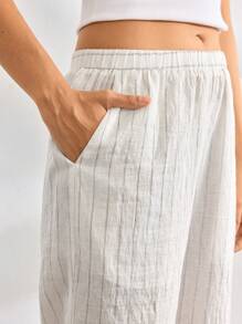 Ocili Leisure Women's Comfortable Striped Linen Home Wear Bottoms With Pockets, Long Pants - Khaki - View 4