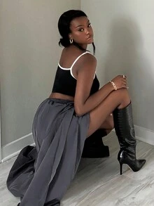 SHEIN SXY Nữ Dây Rút Nhiều Túi Chia Thể Thao Rời Váy Ngoài Trời Thu Đông Kỳ Nghỉ Thanh Lịch Ngày Tiệc Đêm Gợi Cảm - Xám - Xem 4