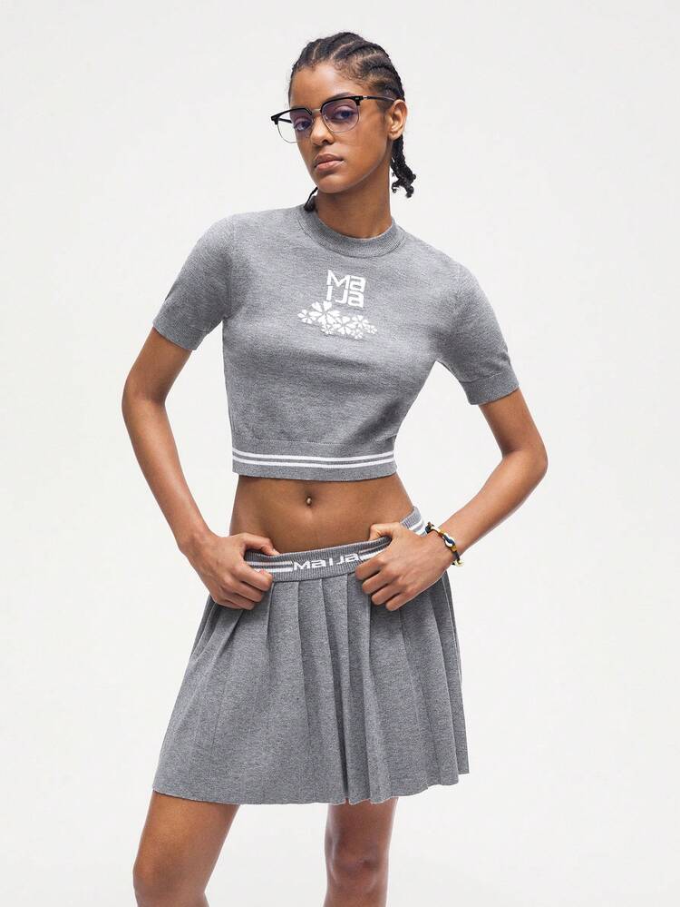 SHEIN Maija Gray Bodycon Pleated Skirt, Comfortable Knitted Knit With Letter Printed Petals